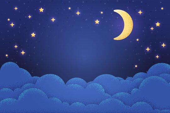Night sky background. Lunar landscape with stars and clouds. Textured scene, artistic landscape with moon. Cute dark blue swanky vector design for baby