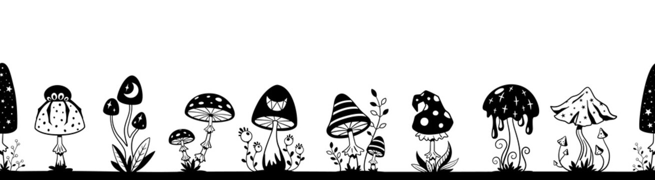 Mushroom seamless pattern. Magic psychedelic mushroom with hallucination effect. Funky groovy retro forest garish plants. Black mystical vector sticker border