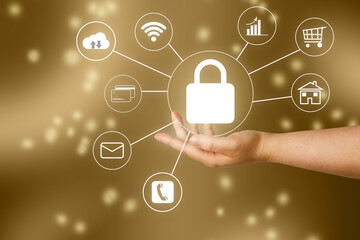 Hand showing icon network connection data of security with golden background and copy space. Digital marketing, banking and payment online, analysis and planning of business.