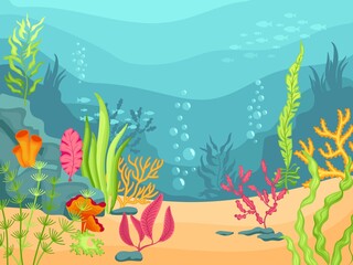 Fototapeta na wymiar Seaweed underwater background. Ecosystem ocean, sea world with corals and weeds. Nature marine or lake bright illustration. Neat vector cartoon oceanic landscape