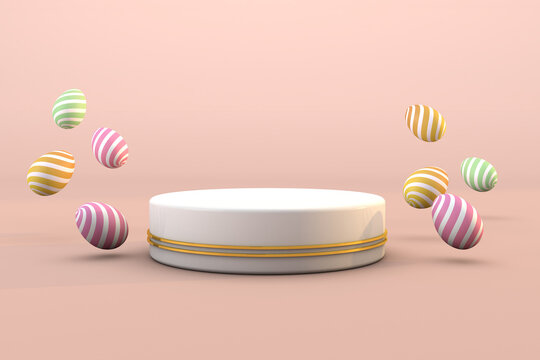 3d trendy easter greeting with 3d product podium with floating easter eggs