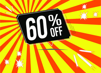 -60 percent discount. 60% discount. 60%. Yellow Orange banner with floating balloon for promotions and offers.