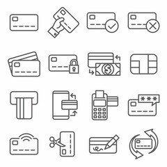Credit Card Line Icon Set on White Background