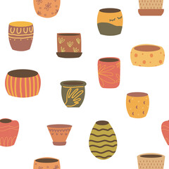 Houseplant pots seamless pattern with different shaped empty vases, jurs, pottery. Endless texture with cute home decor. Flat vector illustration for fabric, textile, wrapping paper
