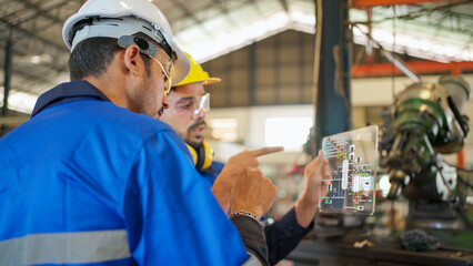 Engineer wearing safety helmet and glasses and explain the project diagram with manager in the...