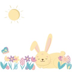Greeting card Happy Easter text with Easter bunny rabbit, spring flowers, colorful eggs, butterfly and bee. Vector illustration. Copy space