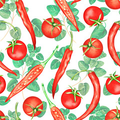Seamless pattern of tomatoes and hot pepper. Watercolor illustration. Isolated on a white background