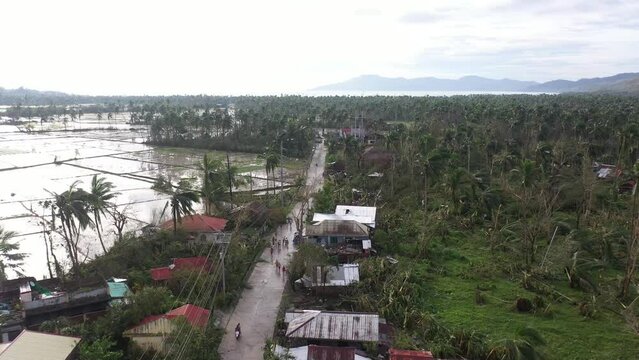 Fly Over Road With Damaged Electric Post After Strong Typhoon Odette In Souther Leyte Province In The Philippines. Aerial Drone