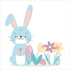 Greeting card Happy Easter text with Easter bunny rabbit, spring flowers, colorful eggs, butterfly and bee. Vector illustration. Copy space