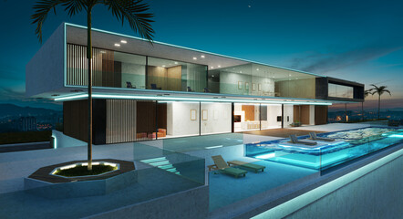 Luxury villa exterior design with beautiful infinity pool. 3d rendering