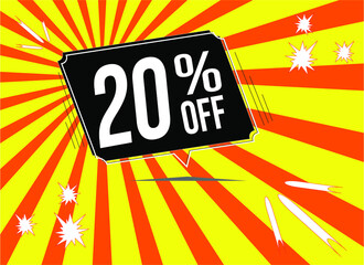 -20 percent discount. 20% discount. 20%. Yellow Orange banner with floating balloon for promotions and offers