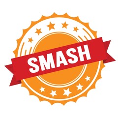 SMASH text on red orange ribbon stamp.