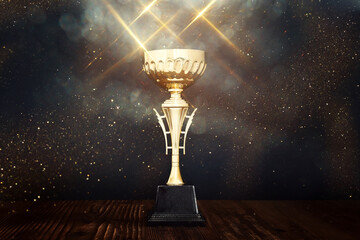 image of gold trophy with sparkly overlay over dark background