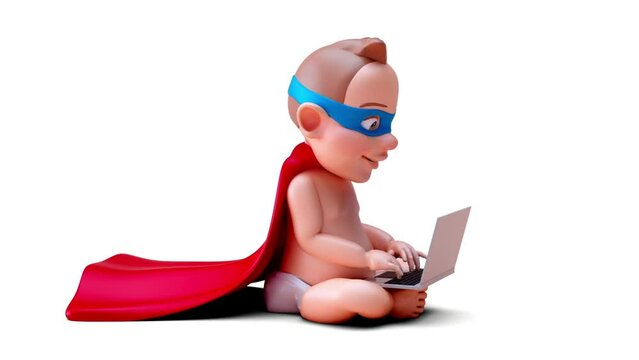 Fun 3D cartoon of a super baby coding