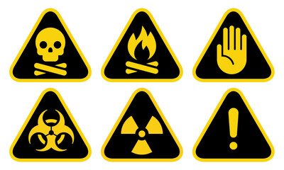 Toxic Hazard Sign, Fire Warning Sign, Attention Sign, Biohazard Sign, Radiation Hazard Sign and Attention Sign