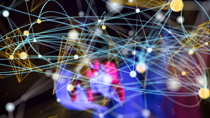 Global network. Blockchain. 3D illustration. Neural networks and artificial intelligence. Abstract