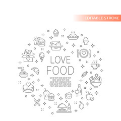 Food line vector icon template. Circle banner frame, outlined symbols.