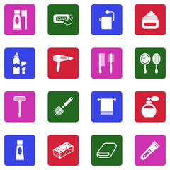 Bathroom Accessories Icons. White Flat Design In Square. Vector Illustration.