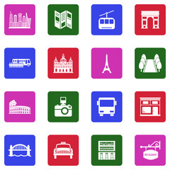 City Sightseeing Icons. White Flat Design In Square. Vector Illustration.