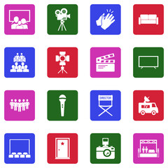 Television Show Icons. White Flat Design In Square. Vector Illustration.