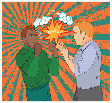 The white and black man clenched his hands into fists and fight. Mixed style - sketch, pop art, cartoon. Vector illustration