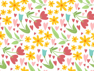 Schattig bloemen Pasen lente naadloze patroon met eenvoudige doodle bloemen, bladeren en harten op witte achtergrond. Hand getekende vector lente textuur