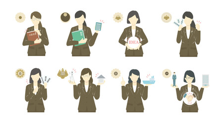 8士業（弁護士、弁理士、司法書士、行政書士、税理士、社会保険労務士、土地家屋調査士、海事代理士）の女性セットイラスト