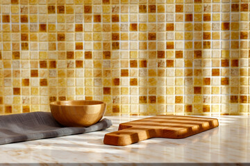 Kitchen in golden color with free space and sunshine 