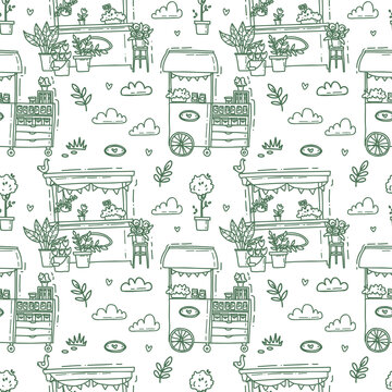 seamless pattern with cute market stalls