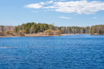 View of Vuoksi river and river banks in spring, Mellonlahti, Imatra, South Karelia, Finland