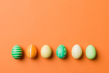 holiday preparation Multi colors Easter eggs on colored background . Pastel color Easter eggs. holiday concept with copy space
