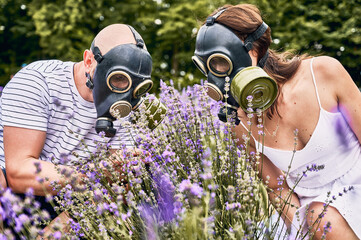 Couple crouching in lavender field wearing gas masks. Blooming purple flowers blurred on foreground. Allergic people trying to catch odor through masks