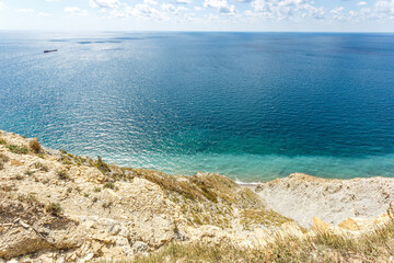 Beautiful landscape of blue sea and mountains on a sunny summer day. The Black Sea coast. Anapa