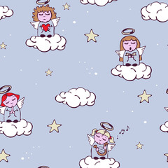 Seamless vector pattern with hand drawn angels on grey background. Simple cartoon sky wallpaper design. Decorative heaven fashion textile.