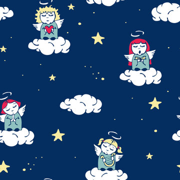 Seamless vector pattern with cartoon angels on blue background. Simple hand drawn singing girl sky wallpaper design. Decorative hope fashion textile.