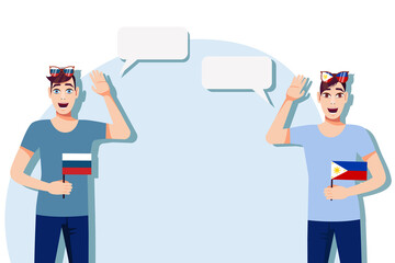 The concept of international communication, sports, education, business between Russia and the Philippines. Men with Russian and Philippine flags. Vector illustration.