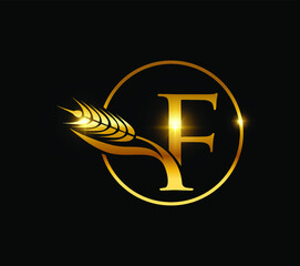 A vector illustration of Golden Wheat Grain Monogram Initial Letter F