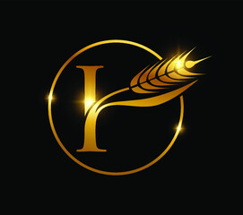 A vector illustration of Golden Wheat Grain Monogram Initial Letter I