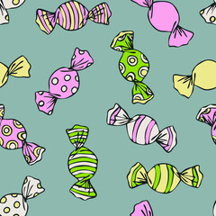 Seamless vector pattern with colourful candies on grey background. Simple hand drawn cartoon sweets wallpaper design. Decorative sweet food fashion textile.