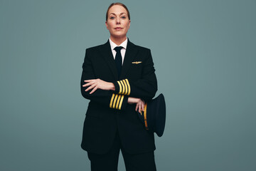 Mature pilot looking at the camera in a studio