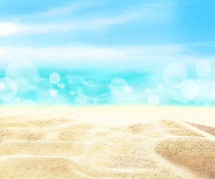 夏の砂浜とボヤけた雲のある青い空と海の美しいフレームイラスト素材
