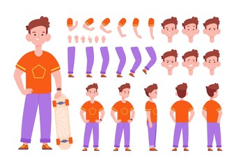 Kid front animation. Boy character infographic constructor for animator, construction parts back view action poses, cute little face body sprite game kit, cartoon splendid vector