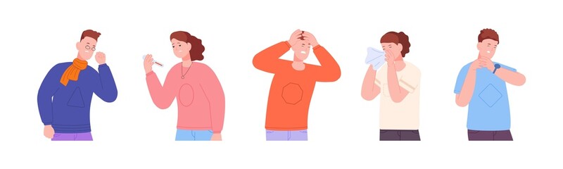 Adult seasonal illness. Sick flu character suffer cold symptom, person having headache cough fever sneeze, sore influenza ill man woman pain condition