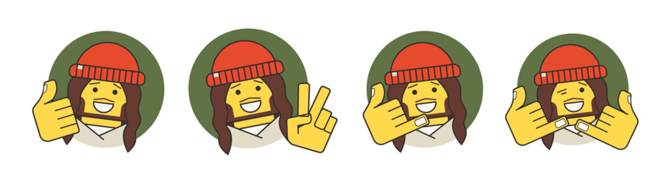 A set of illustrations of a positive, friendly guy. Showing different signs with his hands. He has a red cap on. The hair is long.Stock vector illustration. Isolated white background.