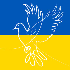 Pigeon. Peace bird on the background of the flag of Ukraine. Pray for Ukraine. Stop the war