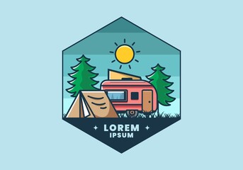 Camping van and tent between pine trees illustration