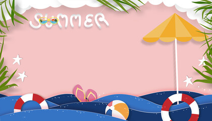 Summer background with beach vacation holiday theme with pink wave layer and copy space,Vector Top view paper cut of tropical summer design, palm leaves and cloud on pink sky background