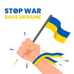 Save Ukraine, Stop War, Ukraine vs Russia. Background vector illustration of raising hand with Ukraine Flag as demonstration acts for defending ukraine against Russia attacks.