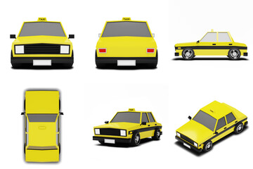 3d rendering of yellow toy car. Taxi in cute cartoon style.