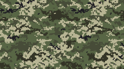 Military Pixel camouflage green grey woodland camo texture pattern horizontal banner illustration wallpaper - obrazy, fototapety, plakaty